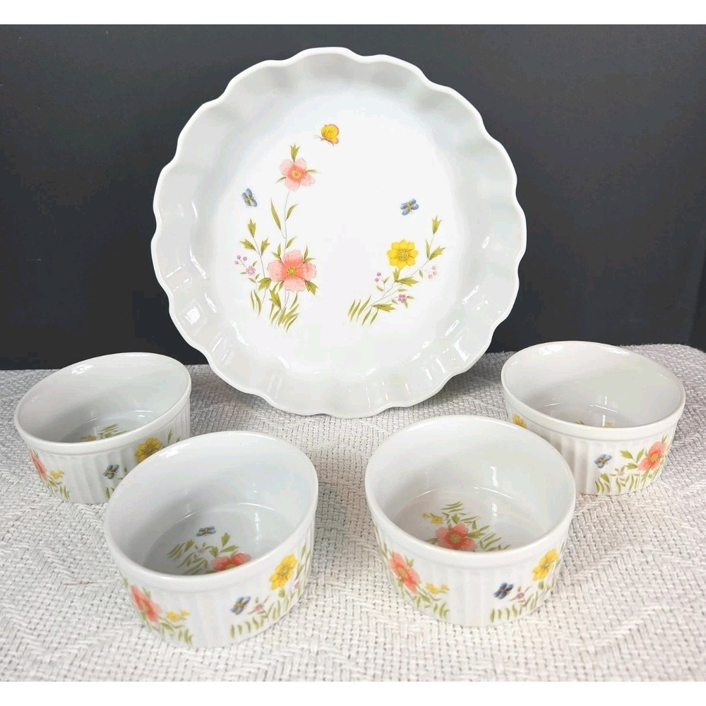 Andrea by Sadek Country Flowers Quiche Dish 4 Ramekins Baking Set 9236 9233